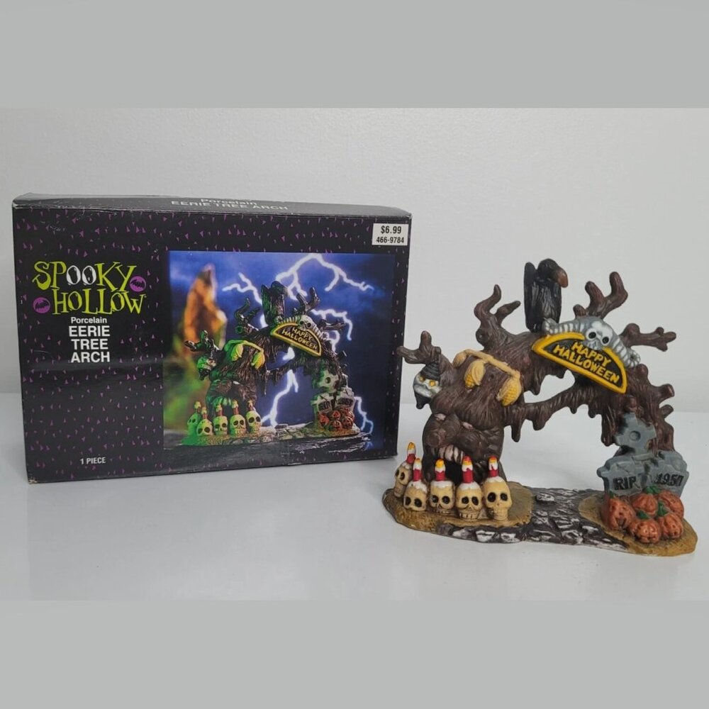 Vintage Spooky Hollow Eerie Tree Arch Porcelain Happy Halloween Village Skulls
